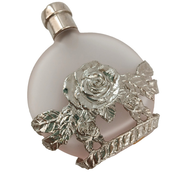 Vintage Silvestri Pink Frosted Glass & Pewter Rose Perfume Bottle 3.75" - Empty - Picture 1 of 10